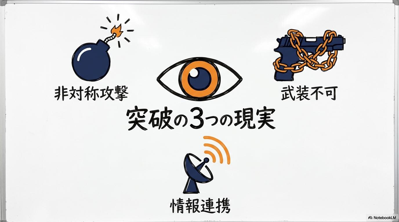 ホルムズ海峡突破における3つの重要要素(脅威・制約・情報)の整理図。現場の全体像をセンター配置で表現した画像。