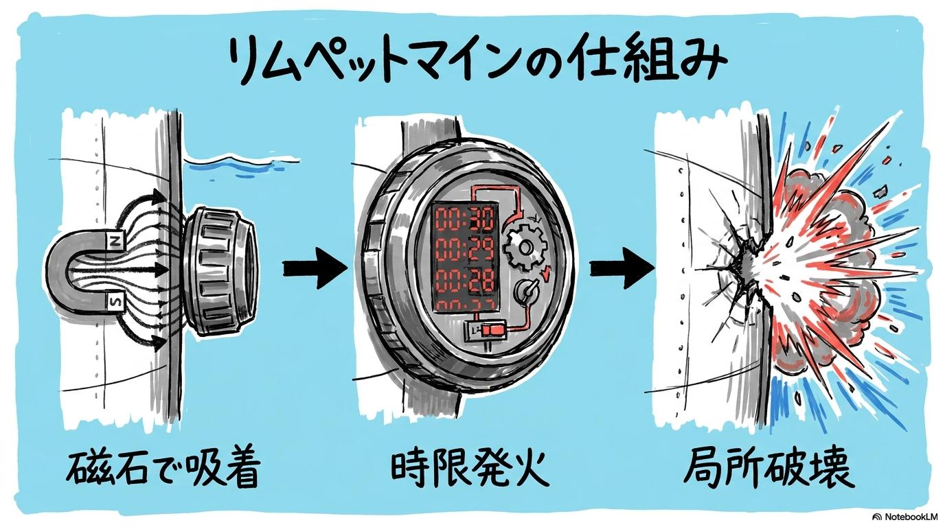 リムペットマイン(吸着機雷)の設置から爆発までの仕組み図。船体を局所破壊するフローを3ステップ図で表現した画像。