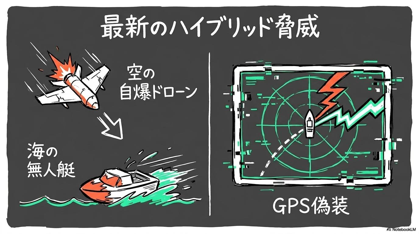 ドローン攻撃とGPSスプーフィングの解説図。現代の多様な攻撃手段をスプリット構図で表現した画像。