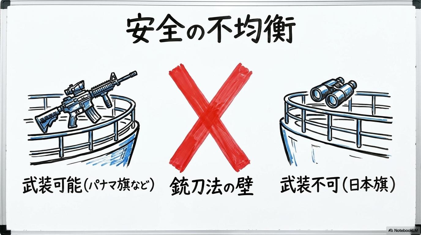 日本籍船と外国籍船の武装警備体制の比較図。銃刀法による法的制約と安全の格差をVS図で表現した画像。