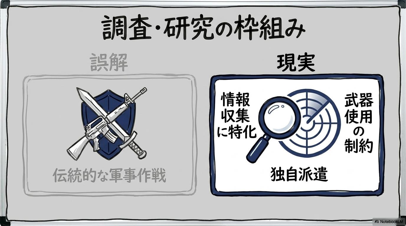 自衛隊派遣の法的枠組みの解説図。情報収集に特化した「調査・研究」任務の性質をカード型で表現した画像。