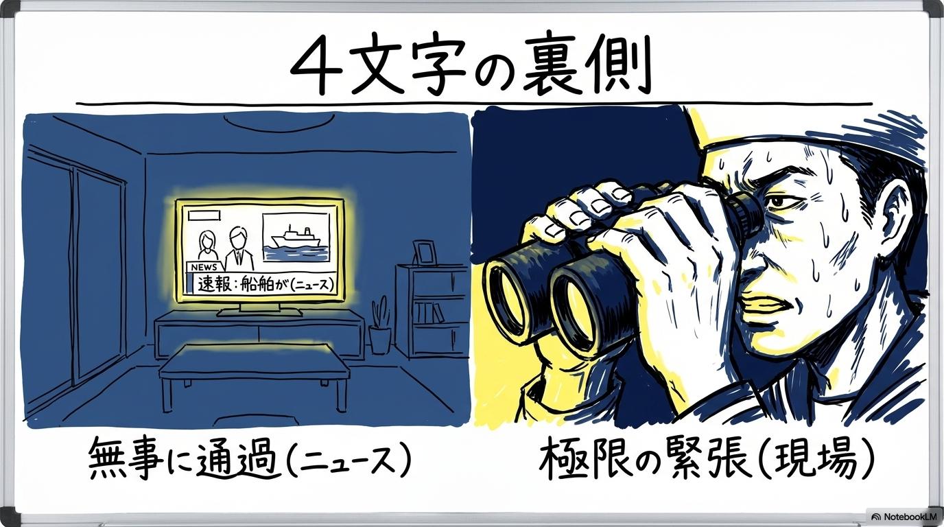 ニュースの報道と現場の緊張感の対比図。報道の一行の裏側にある船員の苦悩をスプリット構図で表現した画像。