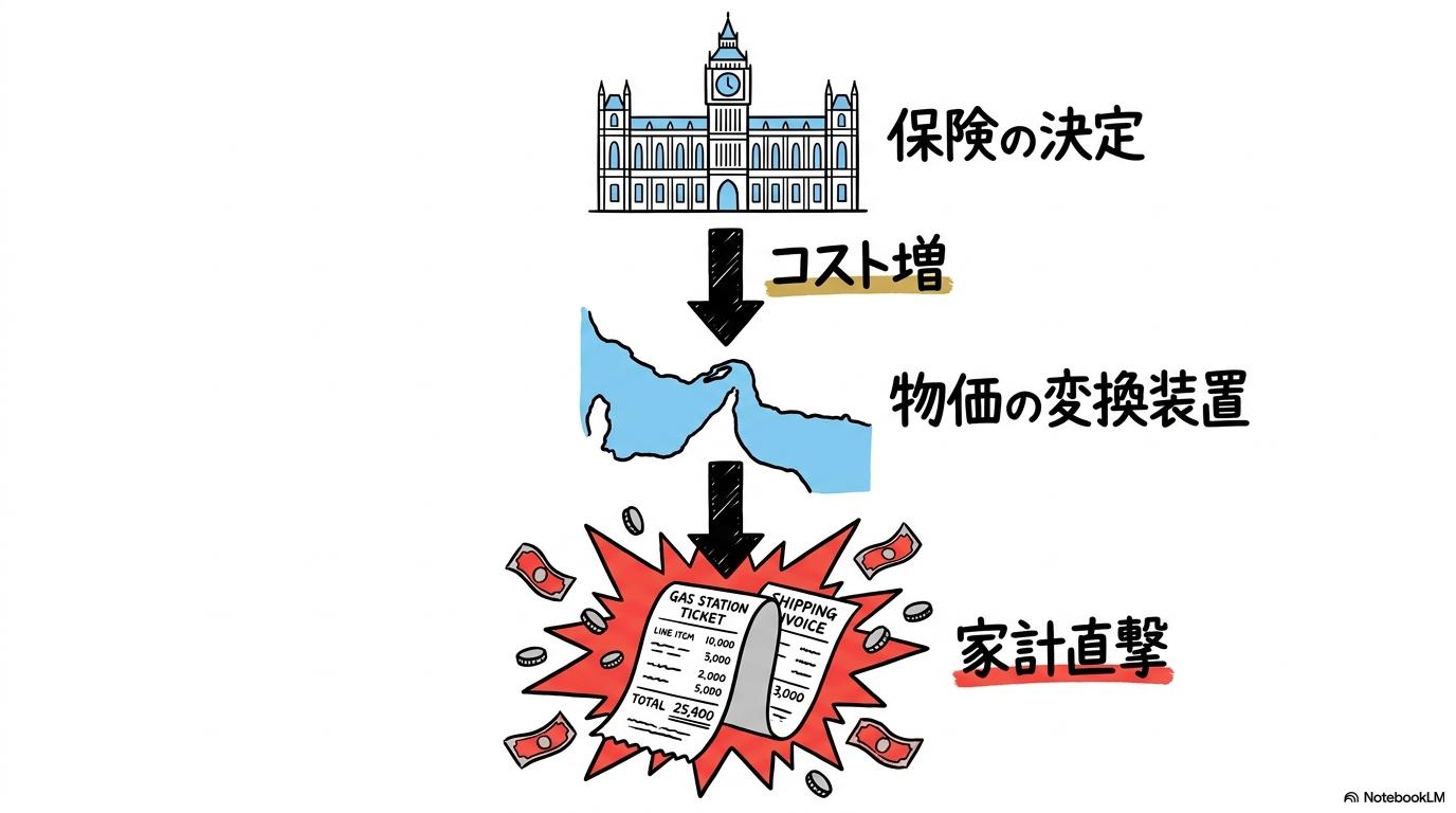 【結論】ホルムズ海峡の保険料高騰の図解。ロンドン市場の決定が家計に届くルートを、センター配置で表現した画像。