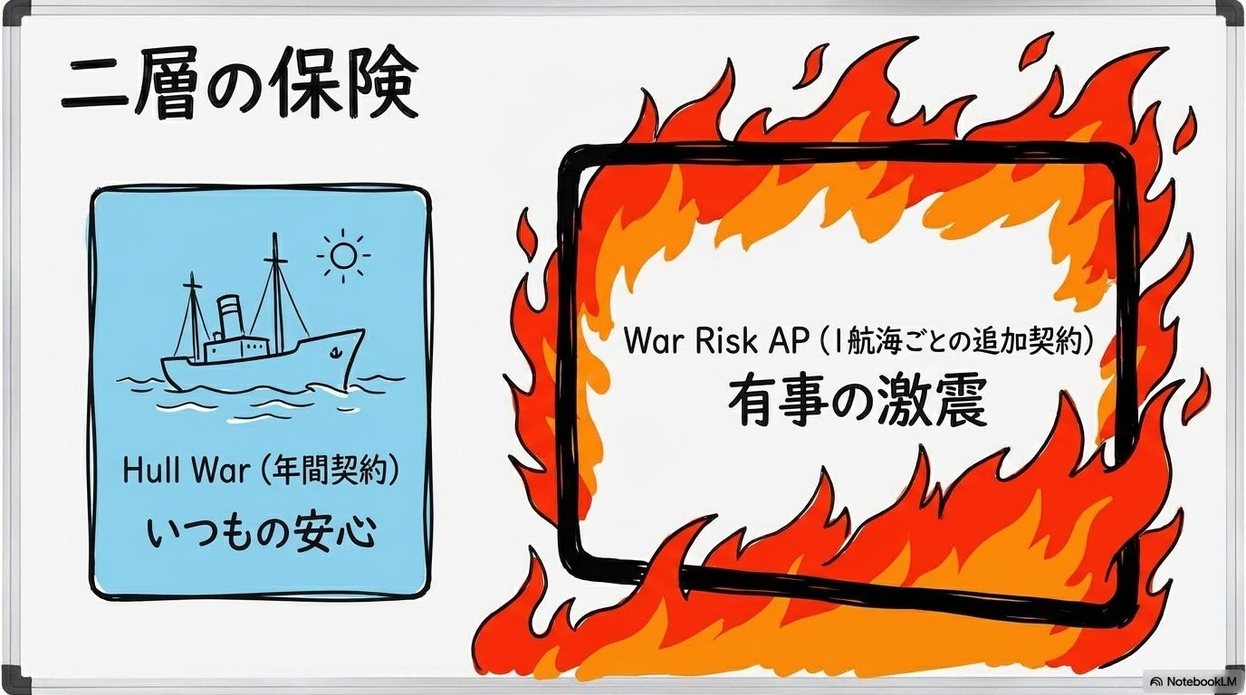ウォーリスク・プレミアムの仕組みの図解。年間保険と追加保険の関係性を、カード型で表現した画像。
