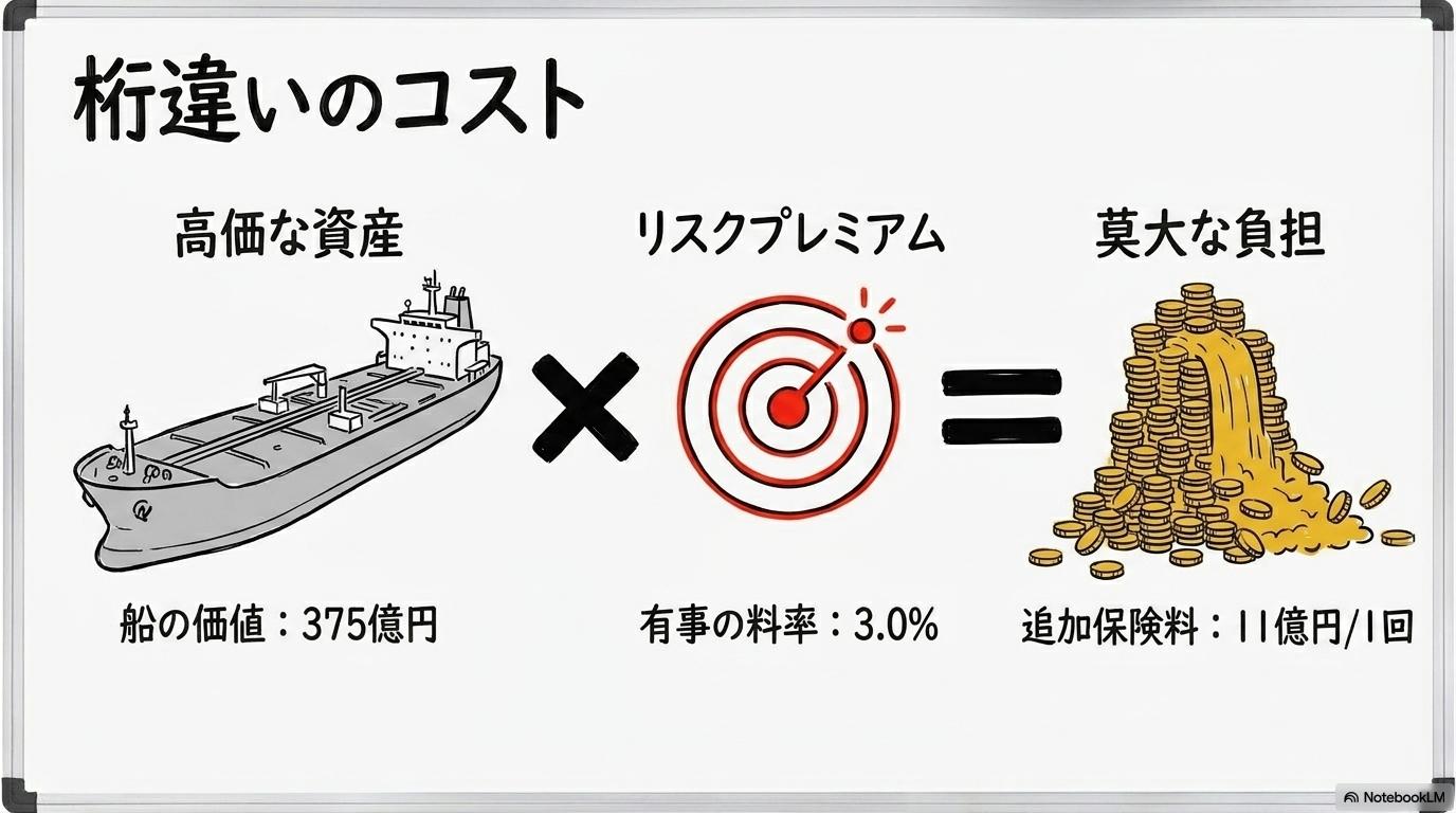 1航海あたりの追加保険料試算の図解。船価と料率から導かれる莫大な額を、数式図で表現した画像。