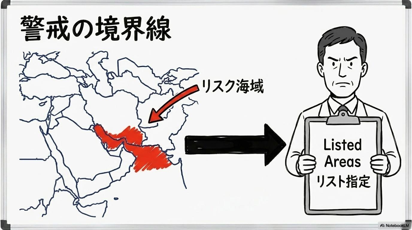 特定危険区域(Listed Areas)の役割の図解。海域のリスク評価とリスト指定の関係を、スプリット(左右分割)で表現した画像。