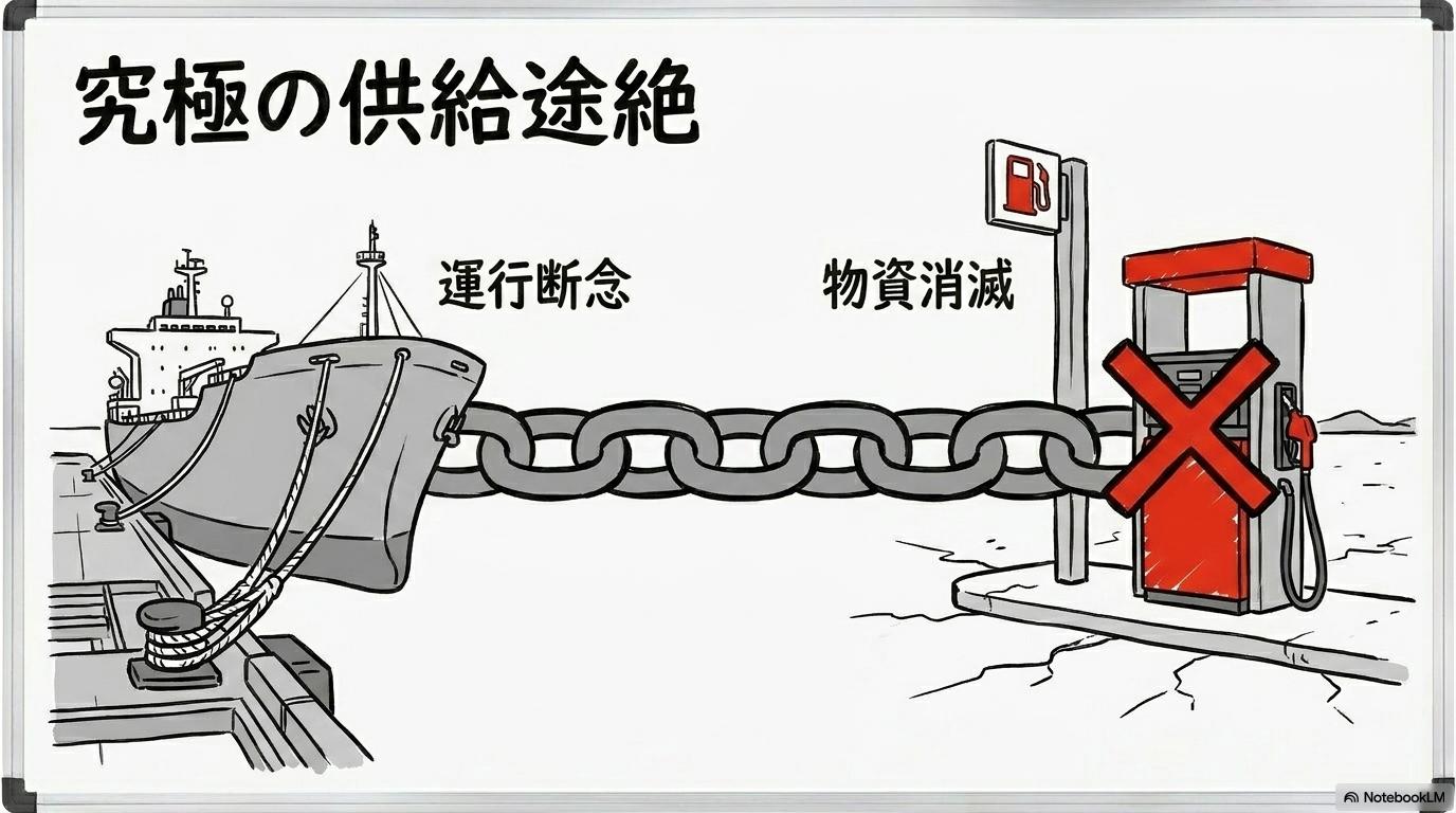 保険がつかないことによる航行断念と物資不足の図解。動けない船と空の看板を、VS図(対決)で表現した画像。