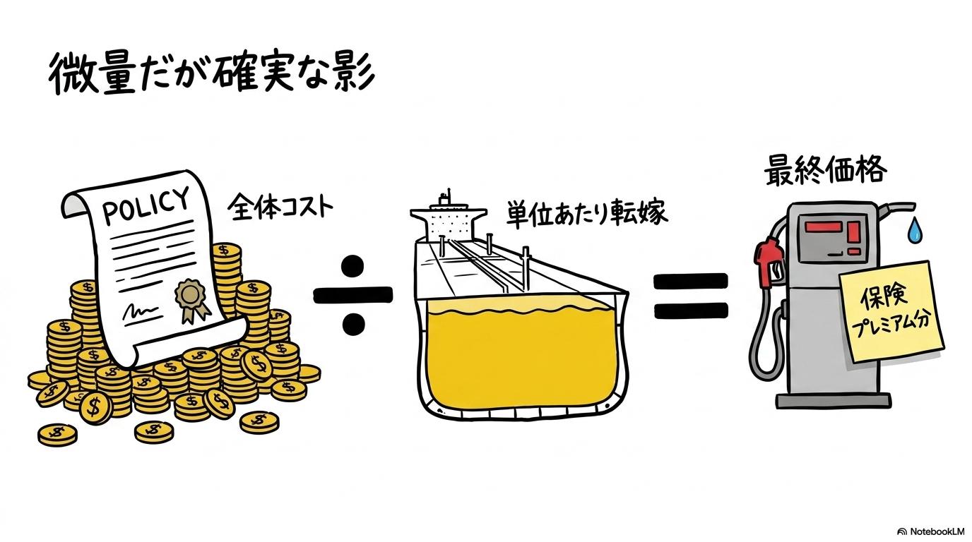 保険料高騰がガソリン価格に及ぼすインパクトの図解。全体の保険料を単位あたりに割り戻す関係を、数式図で表現した画像。