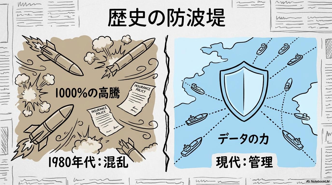 1980年代のタンカー戦争と現代の比較の図解。過去の混乱と現代の管理体制を、ビフォーアフター(状態変化)で表現した画像。