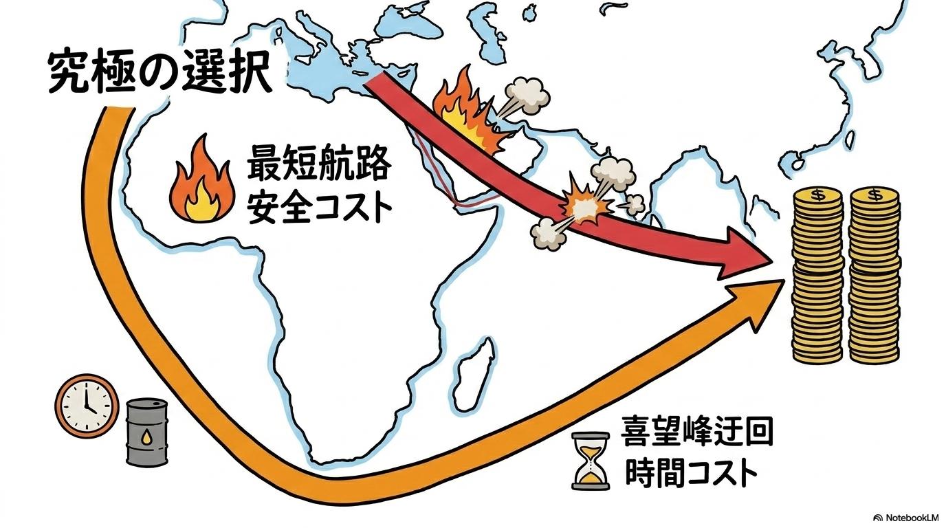 迂回ルートのコスト比較の図解。最短航路と迂回航路のコスト構造を、VS図(対決)で表現した画像。
