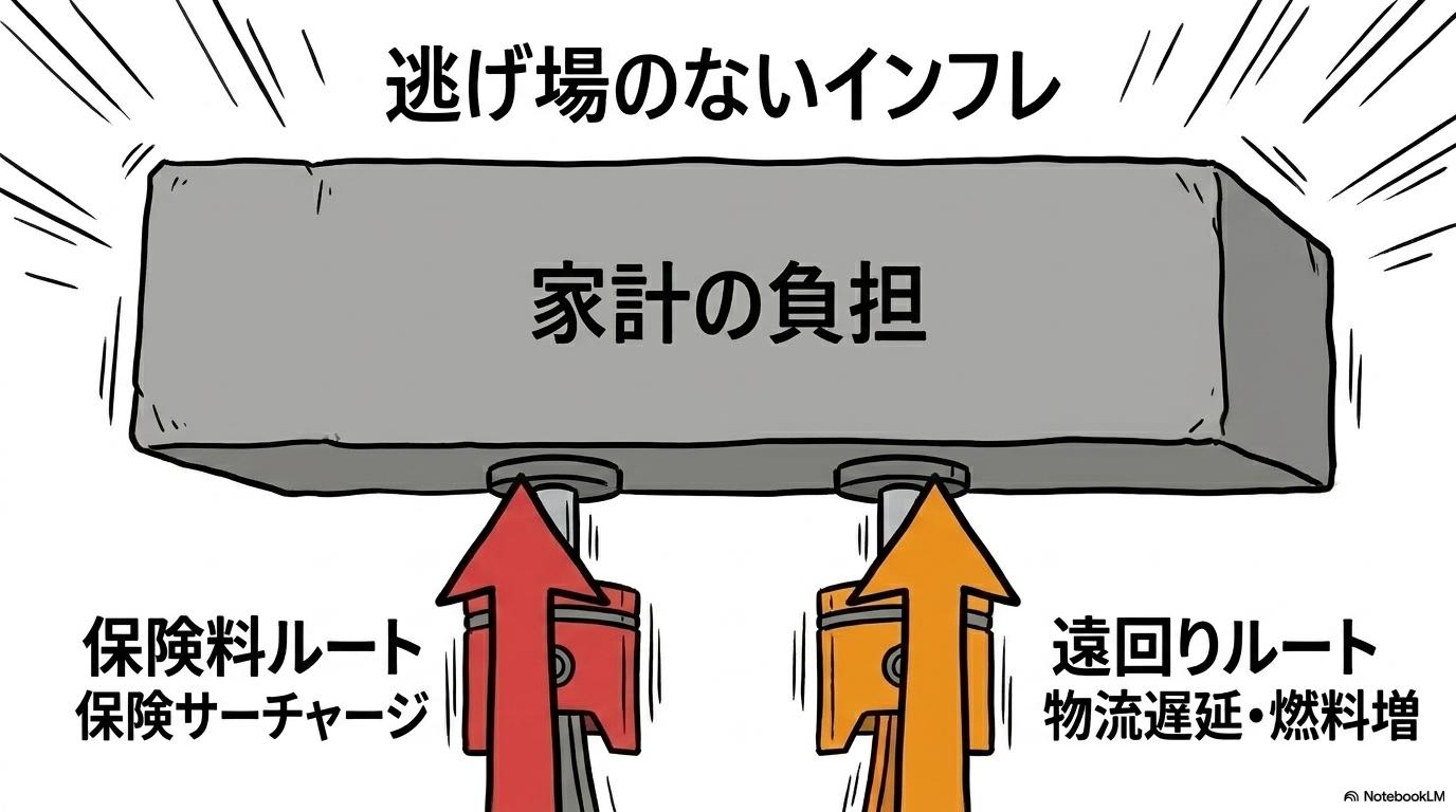 迂回ルートと物価上昇の結論の図解。どちらのルートを選んでも物価が上がる構造を、数式図(天秤/重石)で表現した画像。