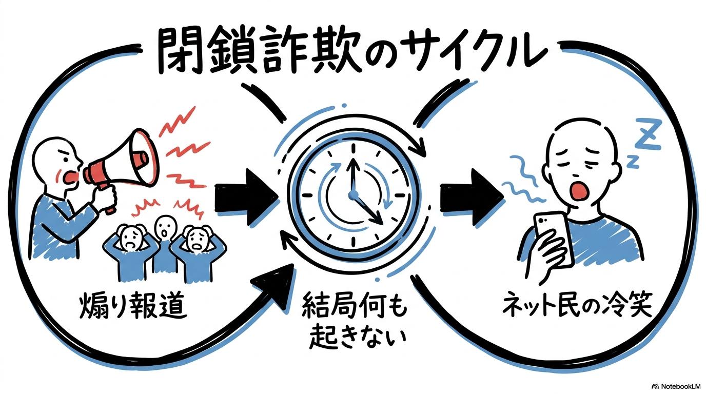 「ホルムズ海峡となんj民の冷めた関係」の図解。繰り返される煽り報道と、それに対して冷淡になっていくネット民の心理的サイクルを3ステップで表現した画像。
