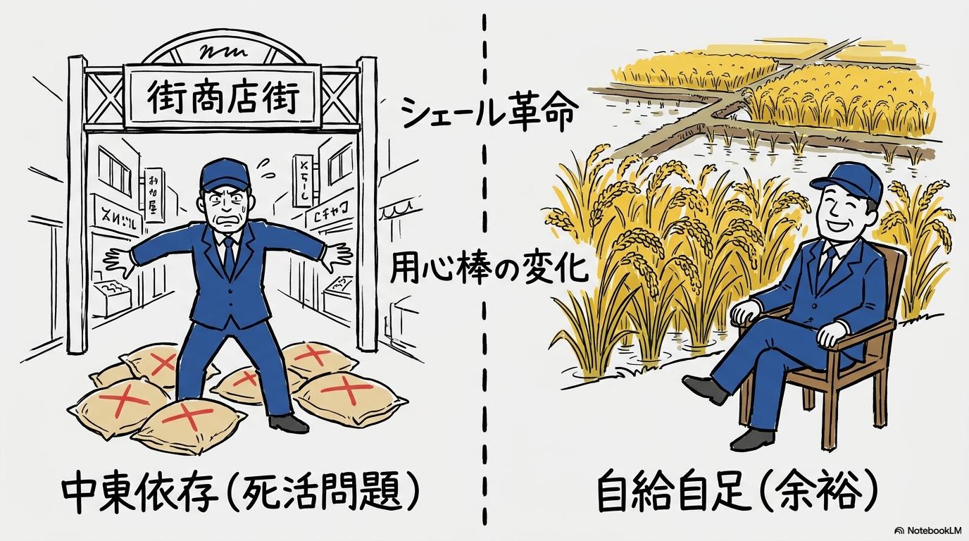「なぜアメリカは動かないのか」の図解。シェール革命によって自給自足が可能になった米国が、中東のトラブルに対して消極的になった変化を用心棒のメタファーで表現した画像。
