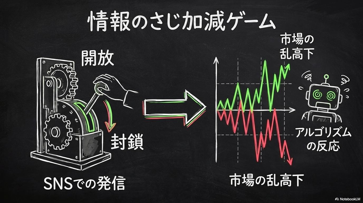 「情報のさじ加減ゲーム」の図解。国家によるSNS発信一つで、原油市場やAIアルゴリズムが激しく翻弄される仕組みをスイッチとグラフで表現した画像。
