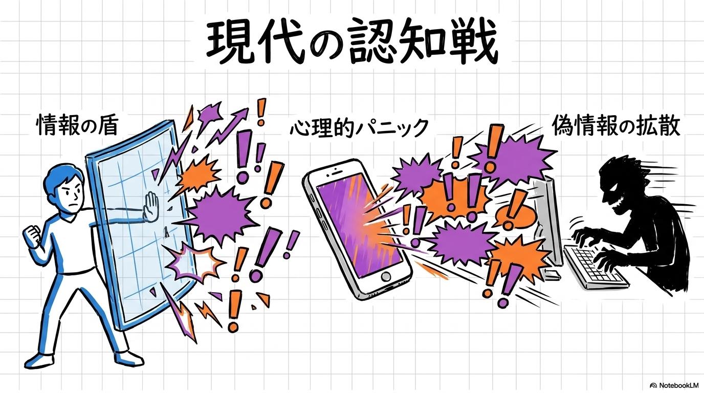 「SNSのフェイクニュースと認知戦」の図解。意図的に流される不安を煽る情報が、どのようにユーザーの心理に影響を与え、それを盾(リテラシー)で防ぐべきかを表現した画像。