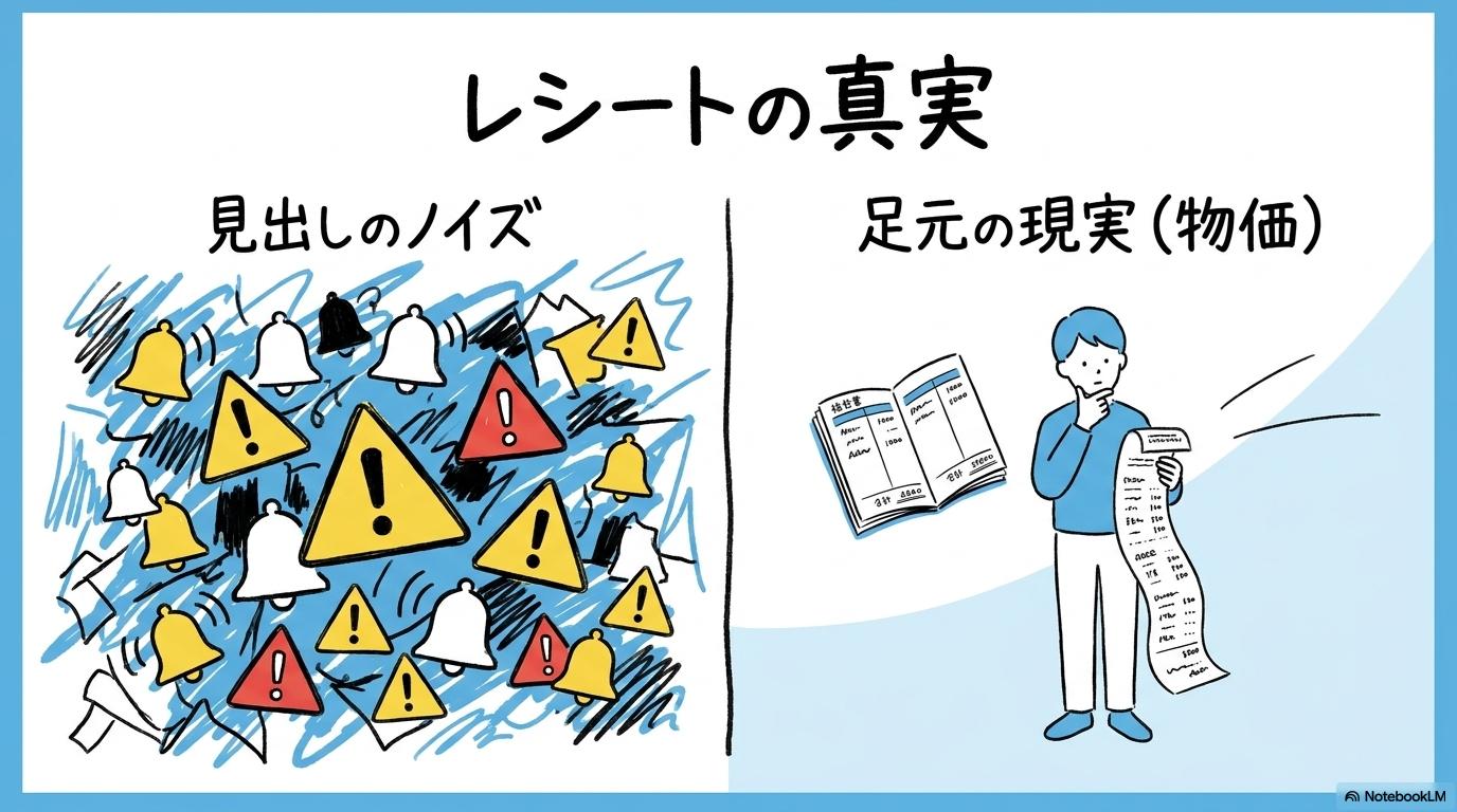 「家計管理とリテラシー」の図解。飛び交うニュースのノイズに惑わされず、自分の手元にあるレシート(現実の物価)を見て冷静に判断することの重要性を対比で表現した画像。