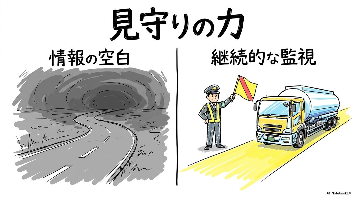 情報収集活動の比喩(見守り当番)の図解。監視の有無による安心感の差を、VS図(対決)で表現した画像。
