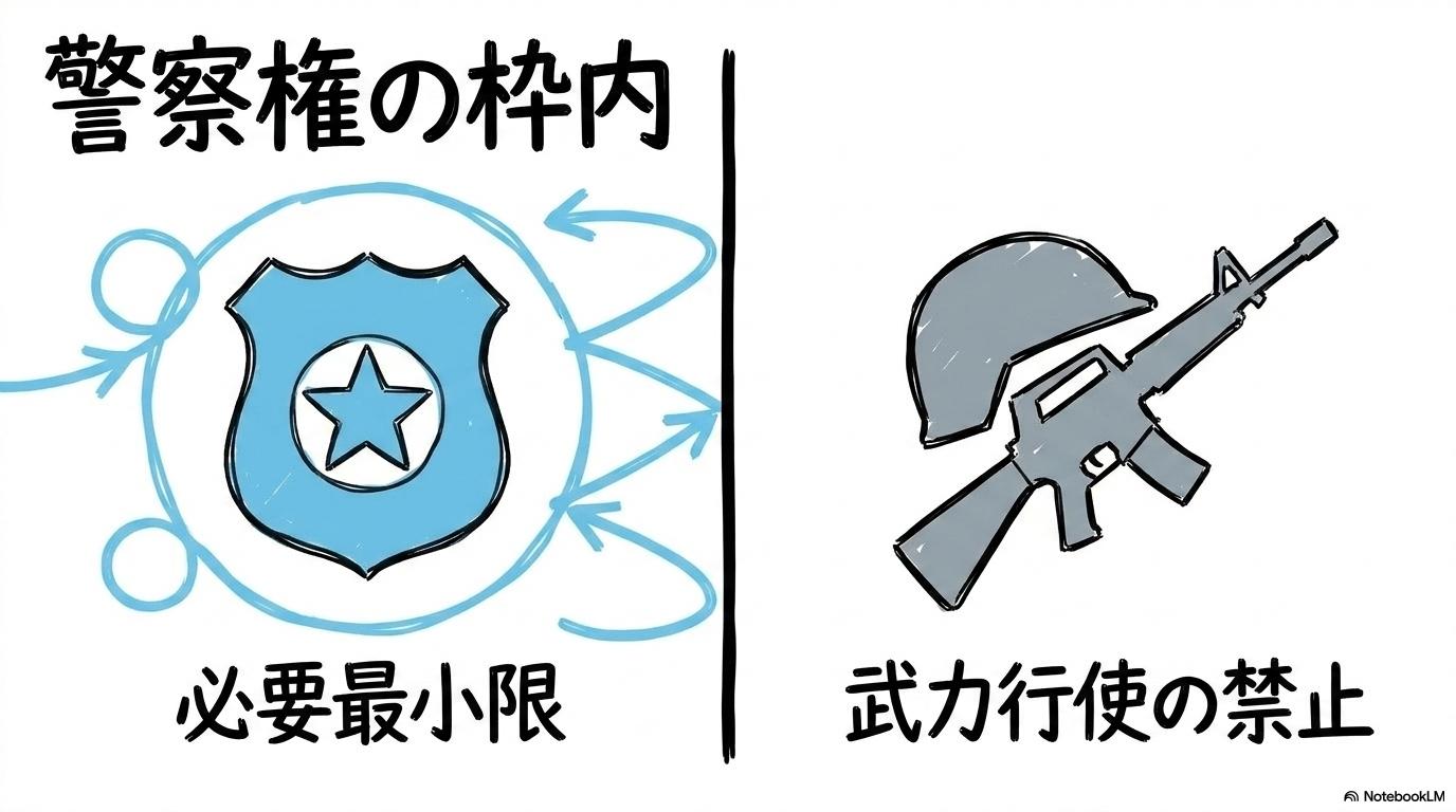 武器使用のルール(ROE)と武力行使の境界線の図解。警察権と武力行使の差異を、スプリット(左右分割)で表現した画像。