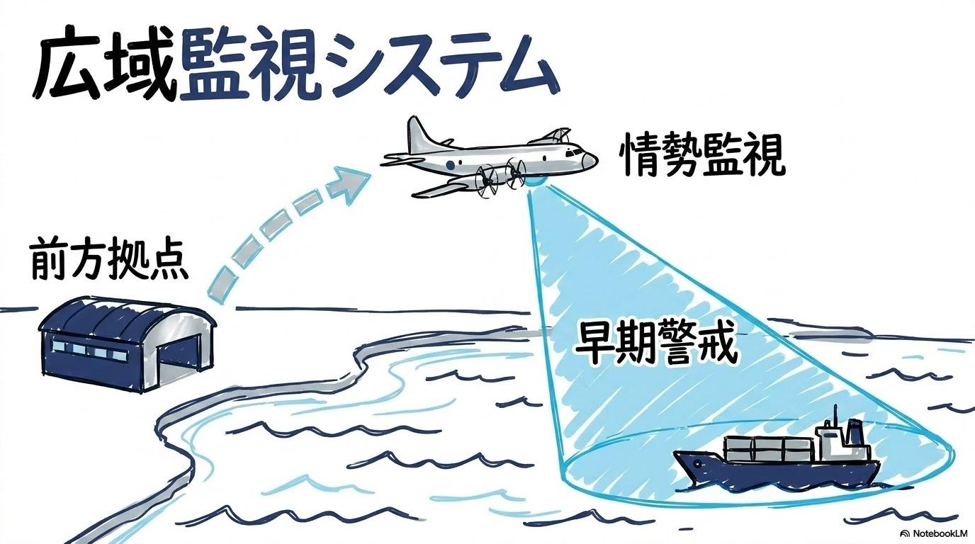 ジブチ拠点とP-3C哨戒機の運用実態の図解。拠点から監視、安全確保への流れを、3ステップ図で表現した画像。