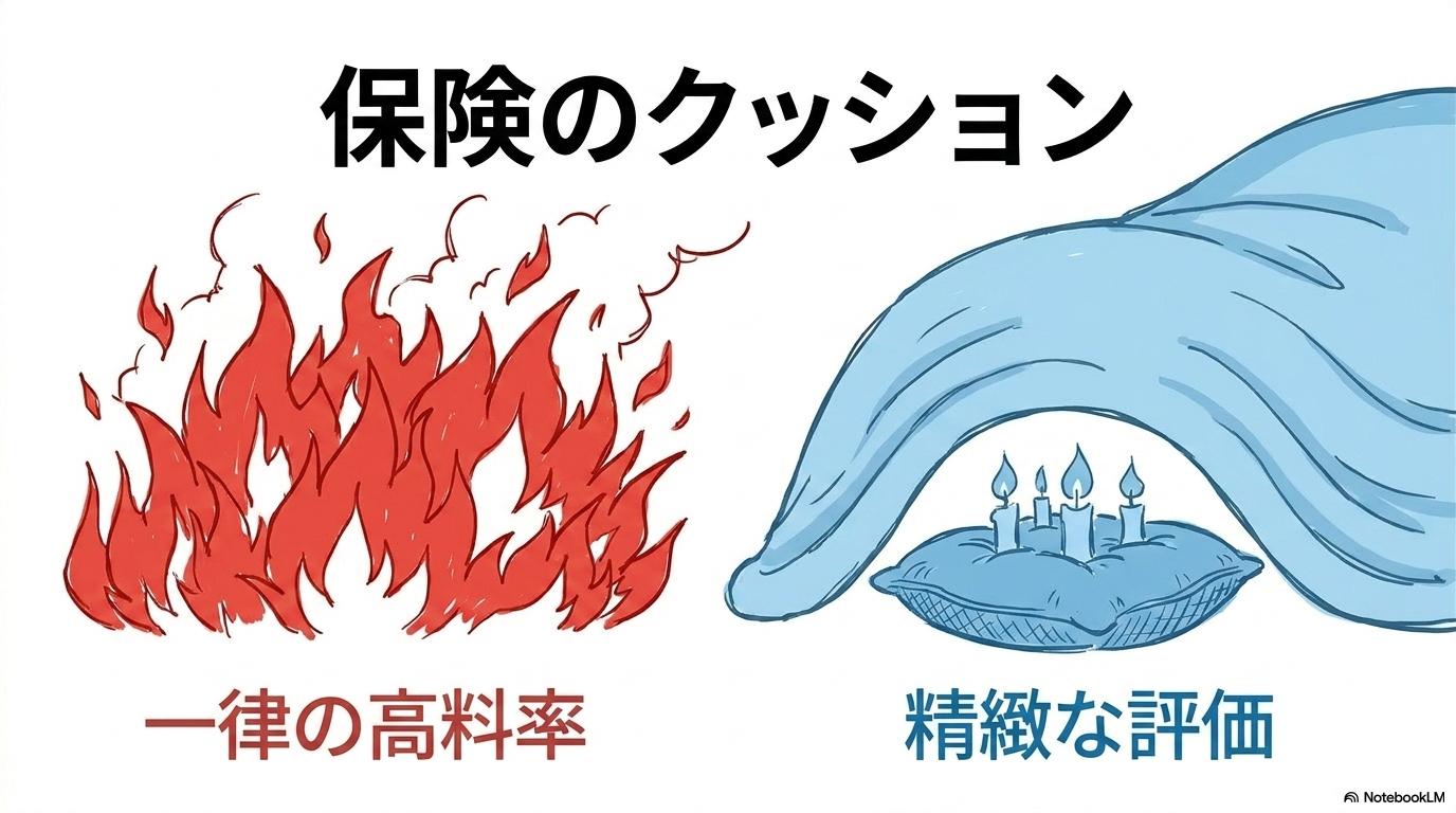 自衛隊の情報提供と船舶保険料抑制の図解。情報の有無による料率の差を、VS図(対決)で表現した画像。
