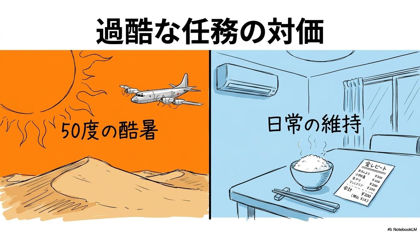 現場の過酷な環境と任務の対価の図解。酷暑と日常の守りの対比を、スプリット(左右分割)で表現した画像。