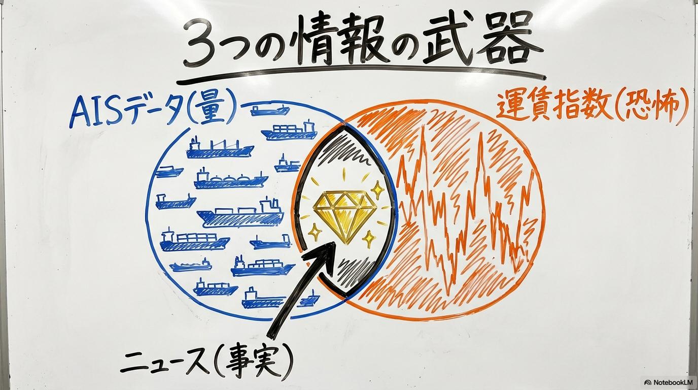 ホルムズ海峡の状況を調べる3つの情報ソース(AIS・指数・ニュース)の相関図。状況判断の全容を3ステップ図で表現した画像。