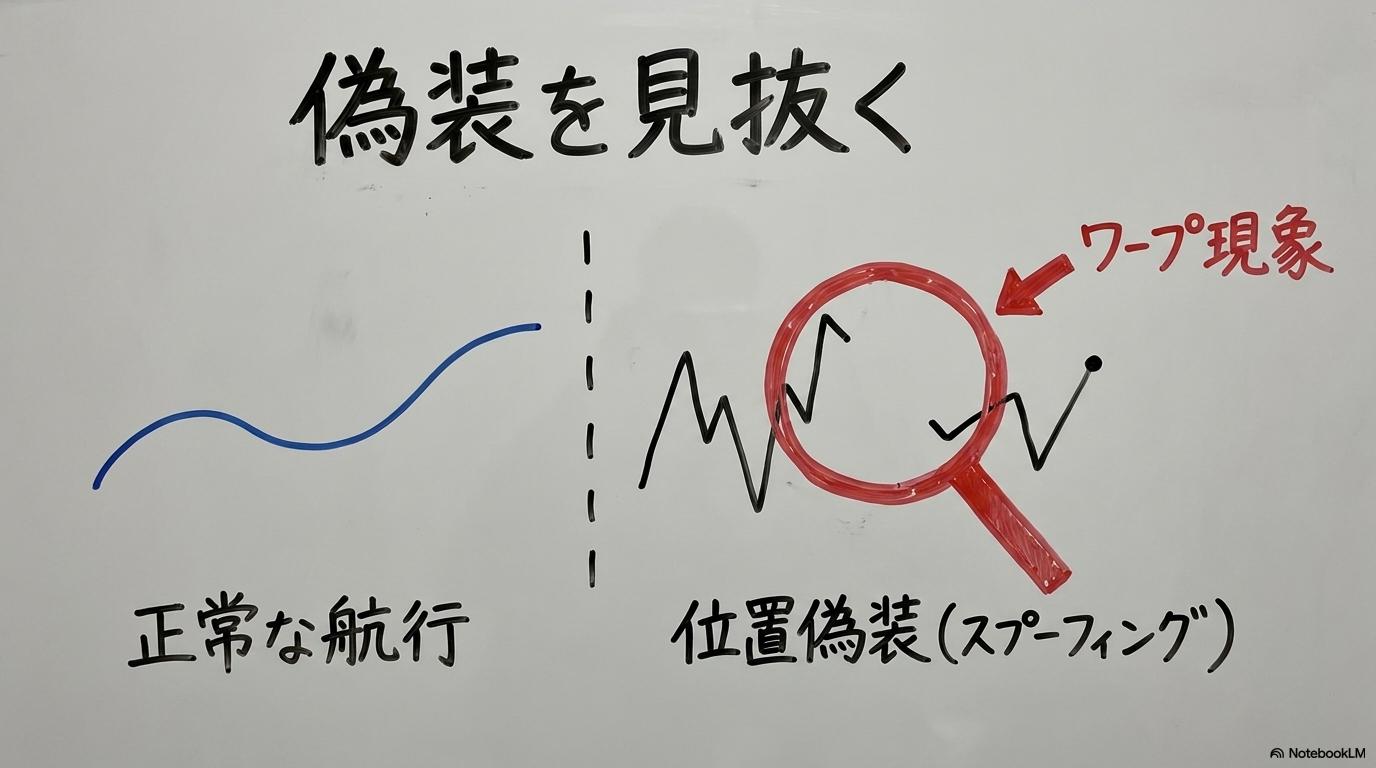 AISスプーフィング(位置偽装)の見分け方図解。正常な航跡と異常な航跡(ワープ)をVS図で表現した画像。