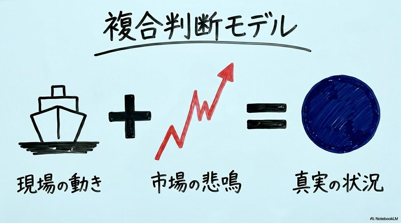 AISデータとBDTI指数の複合判断モデル図。量と価格の両面から真実を測る仕組みを数式図で表現した画像。
