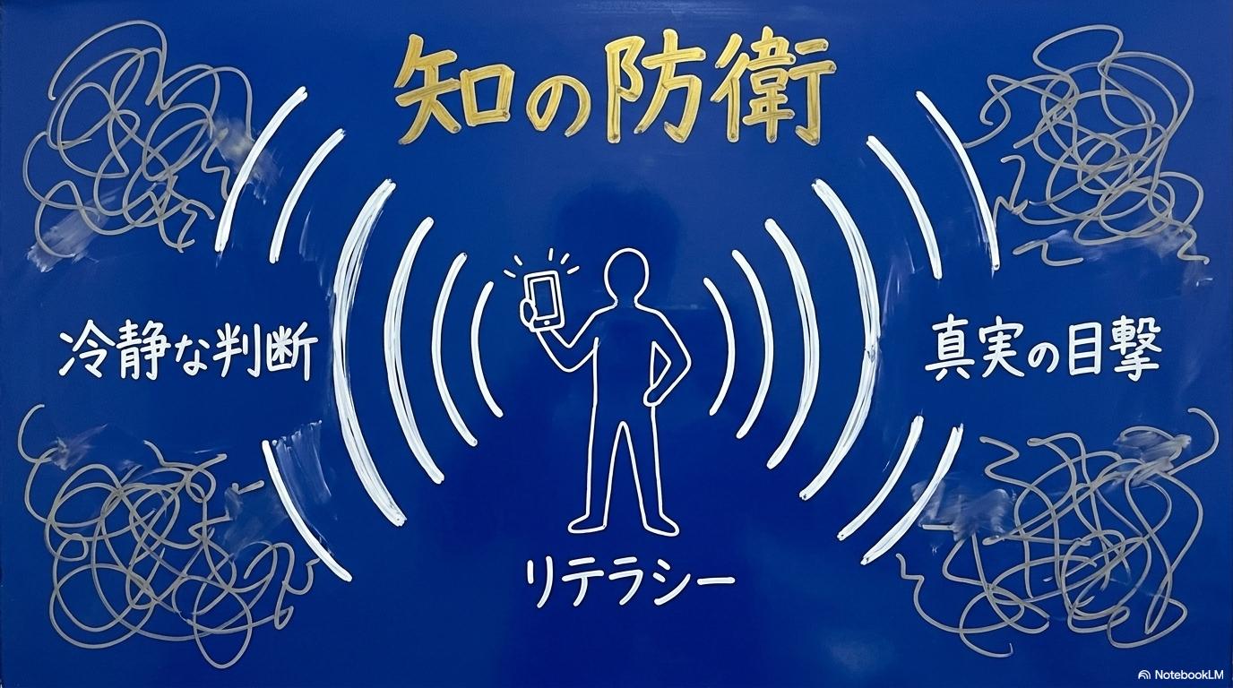 情報リテラシーによる精神的安定のイメージ図。自らデータを確認し真実を知る姿勢をセンター配置で表現した画像。