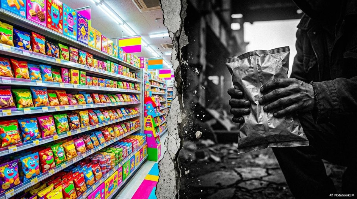 鮮やかな過去の売り場と、色が消えた現在のパッケージの対比。日本の製造業の危機を象徴する構図