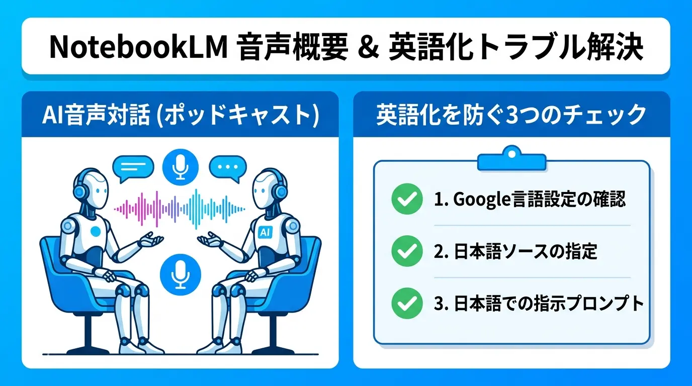 NotebookLMの日本語初期設定と音声概要作成の3ステップ
