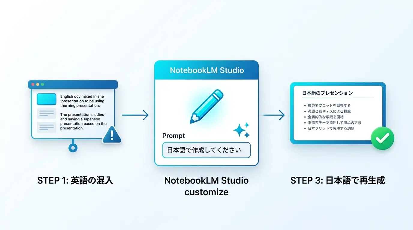 スライドの英語混入防止プロンプトと再生成の手順